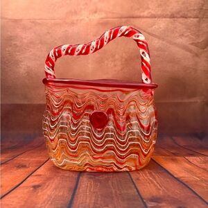 Vintage Pier 1 Hand Blown Glass Purse Handbag Vase Planter Red White Orange